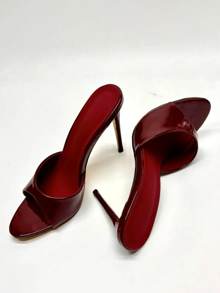 Mules à talons hauts bordeaux Sandales sexy à bout ouvert pour femmes