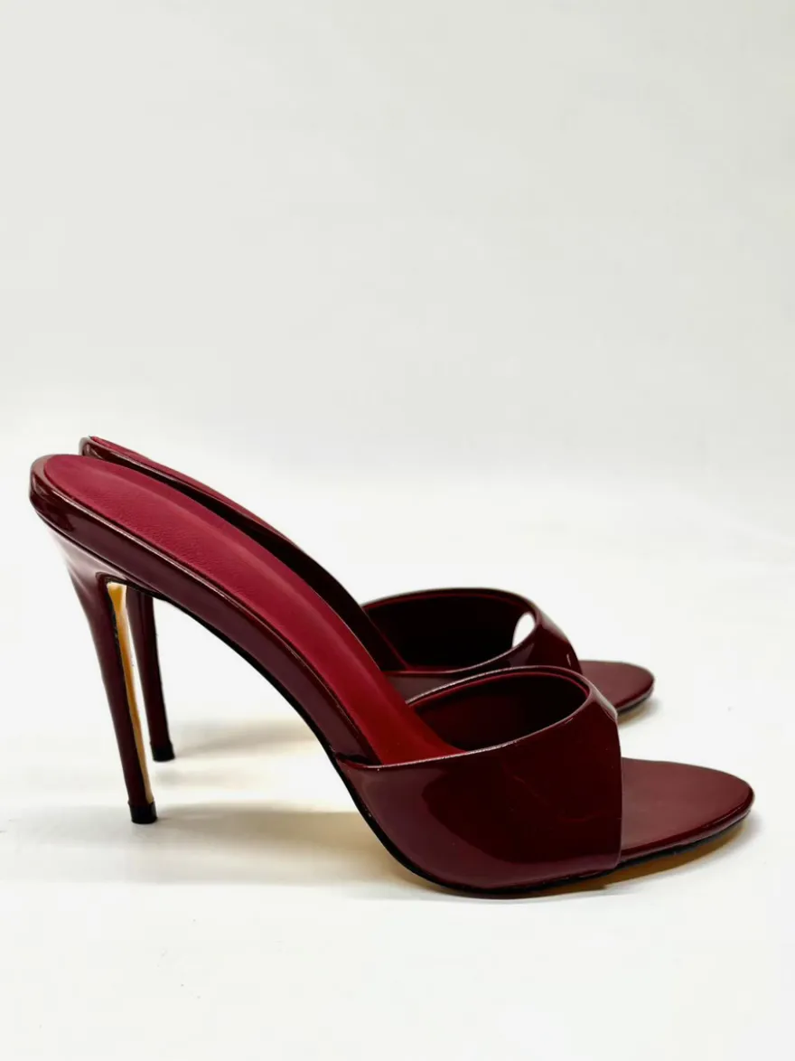 Mules à talons hauts bordeaux Sandales sexy à bout ouvert pour femmes