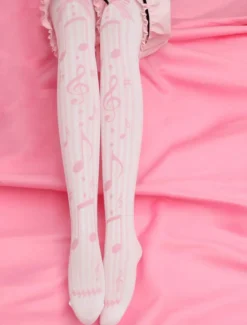 Note de musique Sweet Lolita chaussettes roses imprimées Lolita Stocking Déguisements Halloween