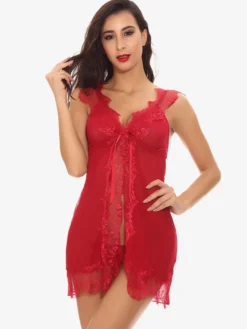 Nuisette deux pièces pour femme à manches papillon et nœud sur le devant en dentelle transparente et résille avec string.