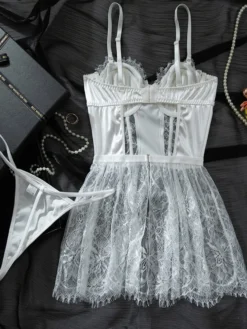 Nuisette en dentelle blanche robe de nuit corset bustier lingerie de mariée nuisette en résille transparente avec culotte