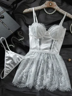 Nuisette en dentelle blanche robe de nuit corset bustier lingerie de mariée nuisette en résille transparente avec culotte