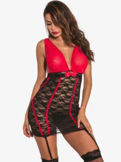 Nuisette en dentelle à décolleté plongeant dos nu moulante color block bretelles fines et porte-jarretelles