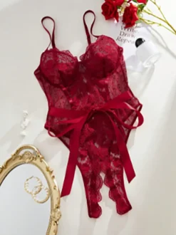 Nuisettes en dentelle bleue transparente et sexy sans entrejambe pour femmes