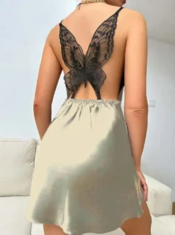 Nuisette sexy Babydoll en soie noire effet papillon
