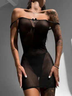 Nuisettes Lingerie Babydoll Pour Femme Nœuds Noirs Dos Nu Maille Sexy Chemises