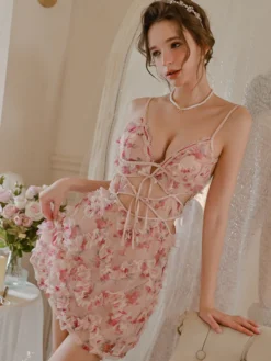 Nuisettes Lingerie Femme Rose Découpe Imprimé Floral Polyester Sexy Vêtements de Nuit