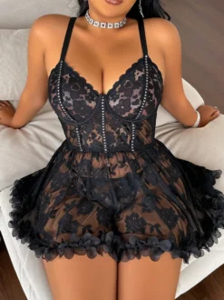 Nuisettes Lingerie Sexy Dentelle Noire Imprimé Floral Polyester 2 Pièces Robe Pyjama Vêtements de Nuit