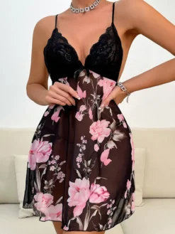 Nuisettes sexy à imprimé floral noires pour nuit