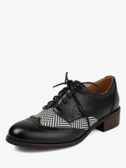 Oxfords en cuir PU à bout rond et talon chiot pour femmes chaussures vintage à lacet