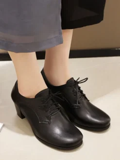 Oxfords marron femmes bout rond lacées chaussures oxford talon bloc