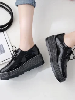 Oxfords noirs femmes bout carré en cuir Synthétique à lacets chaussures décontractées à plateforme