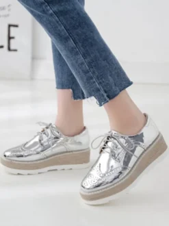 Oxfords noirs femmes bout carré en cuir Synthétique à lacets chaussures décontractées à plateforme