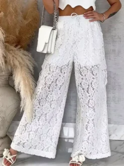 Pantalon blanc taille haute en dentelle florale à jambes larges