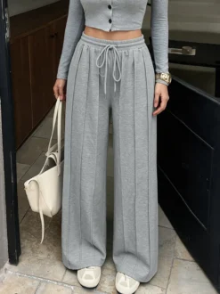 Pantalon en maille à jambes larges et cordon de serrage pour femme taille haute plissé ample doux et décontracté longueur au sol