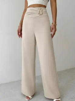 Pantalon habillé élégant à taille haute et boucle métallique froncée jambes larges