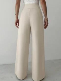 Pantalon habillé élégant à taille haute et boucle métallique froncée jambes larges
