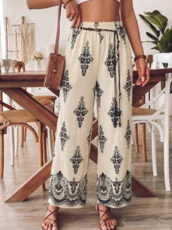 Pantalon imprimé abricot à lacets et taille haute