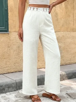 Pantalon large à taille en dentelle pour femme blanc crème taille haute élastique
