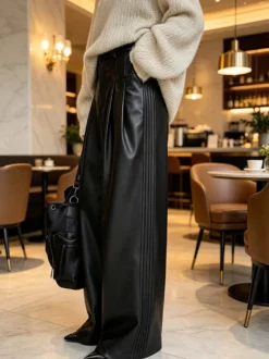 Pantalon noir décontracté taille haute à jambes larges avec ceinture plissé coupe droite ample style clubwear pour femme