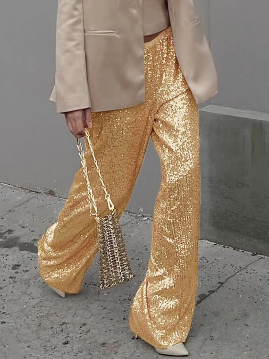 Pantalon Paillettes Argentées Taille Haute