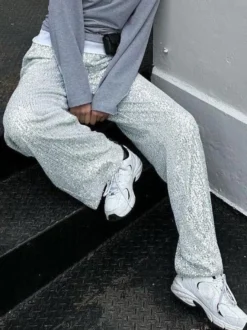 Pantalon Paillettes Argentées Taille Haute