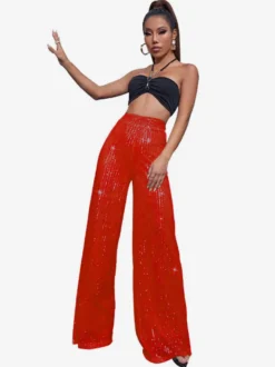 Pantalon palazzo à sequins taille haute et jambes larges style clubwear.