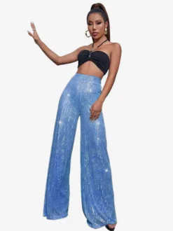 Pantalon palazzo à sequins taille haute et jambes larges style clubwear.