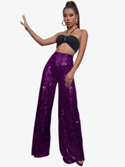 Pantalon palazzo à sequins taille haute et jambes larges style clubwear.
