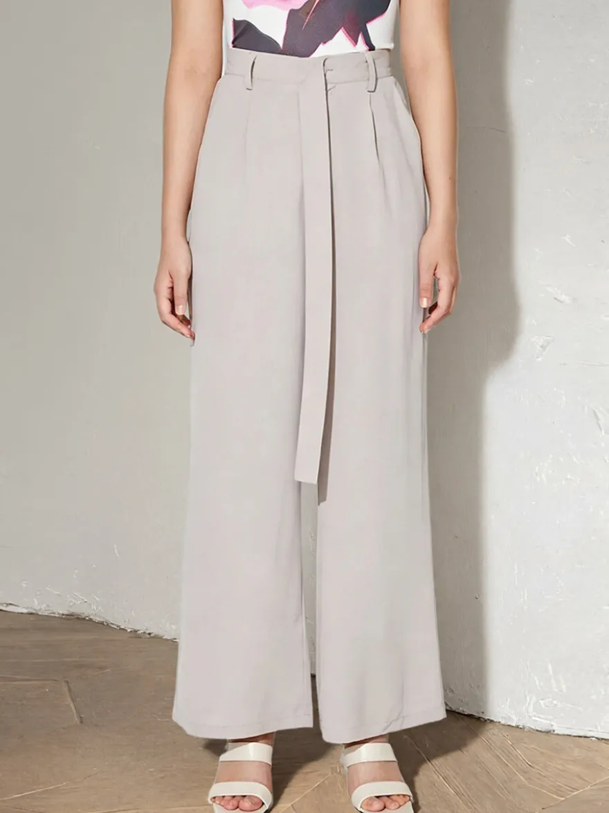 Pantalon palazzo taille haute à ceinture nouée et jambes larges plissé et décontracté