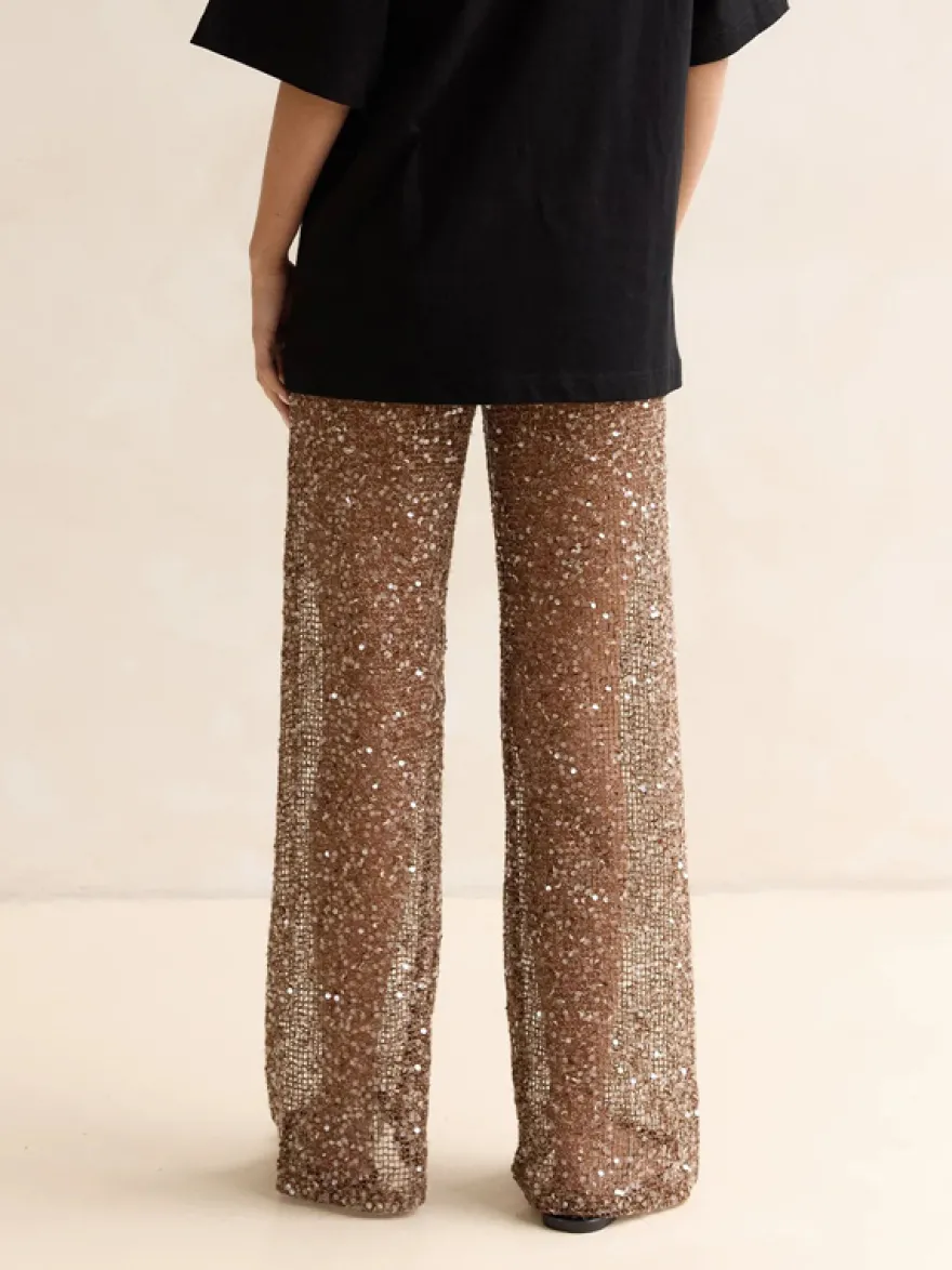 Pantalon à sequins chocolat taille naturelle