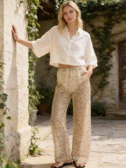 Pantalon à sequins chocolat taille naturelle