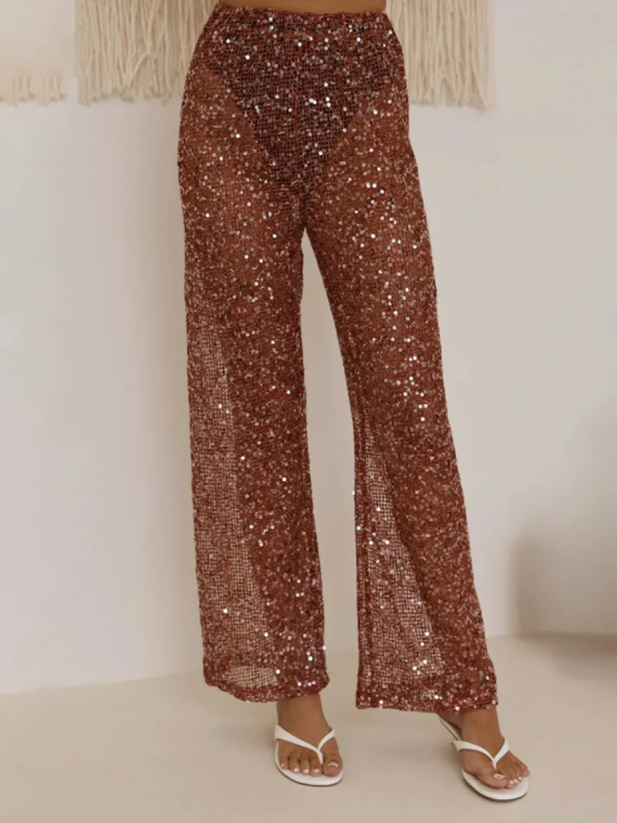 Pantalon à sequins chocolat taille naturelle