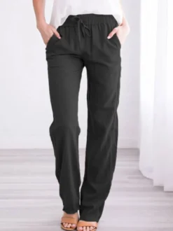 Pantalons Longs Femme Coupe Cintrée à Lacets avec Poches Unicolore