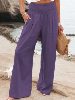 Pantalons Longs Femme Décontracté Coupe Cintrée Bas Evasée Unicolore