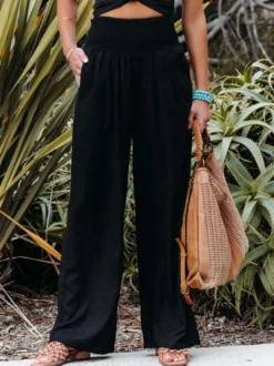 Pantalons Longs Femme Décontracté Coupe Cintrée Bas Evasée Unicolore