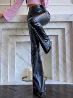 Pantalon taille haute en cuir PU noir