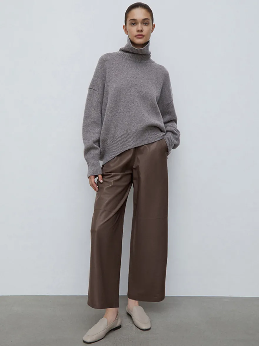 Pantalon taille haute en similicuir marron à jambes larges et droites style décontracté