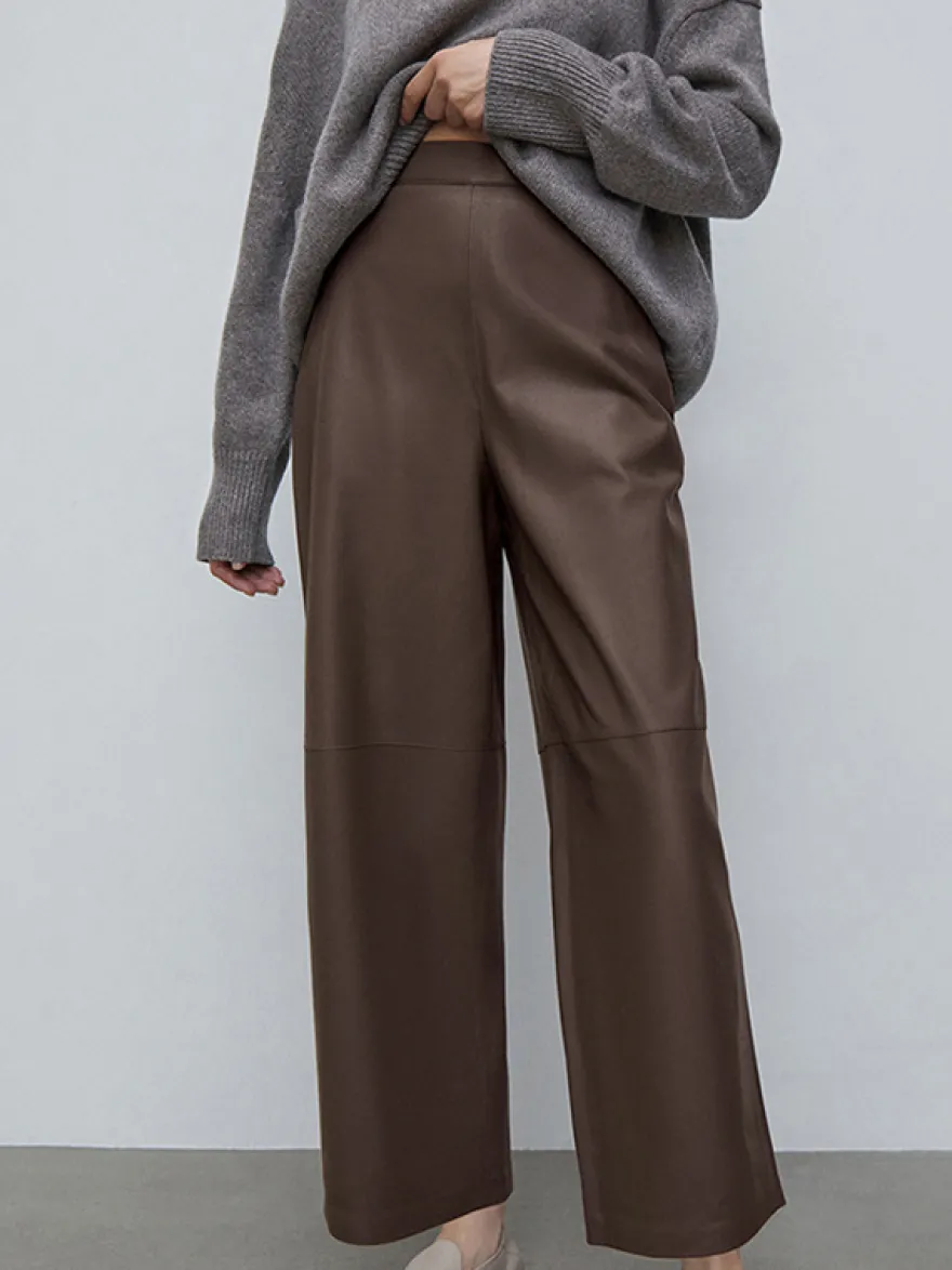 Pantalon taille haute en similicuir marron à jambes larges et droites style décontracté