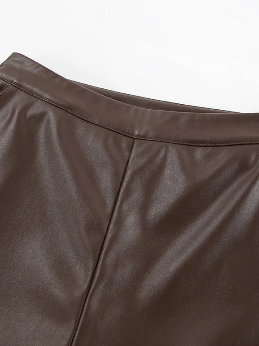 Pantalon taille haute en similicuir marron à jambes larges et droites style décontracté