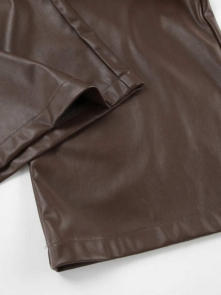 Pantalon taille haute en similicuir marron à jambes larges et droites style décontracté