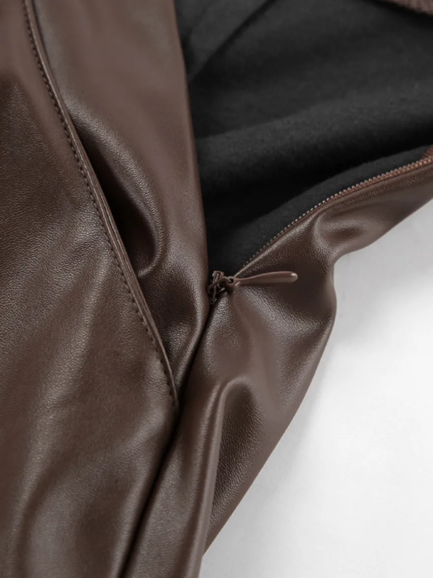 Pantalon taille haute en similicuir marron à jambes larges et droites style décontracté