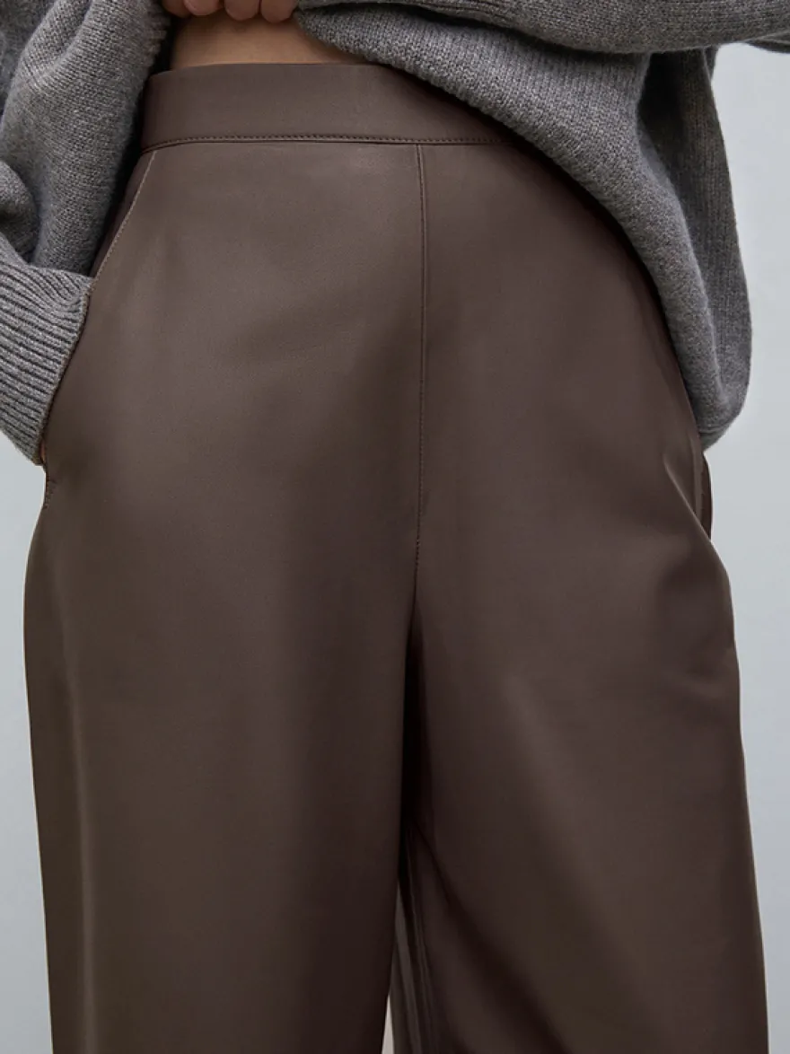 Pantalon taille haute en similicuir marron à jambes larges et droites style décontracté