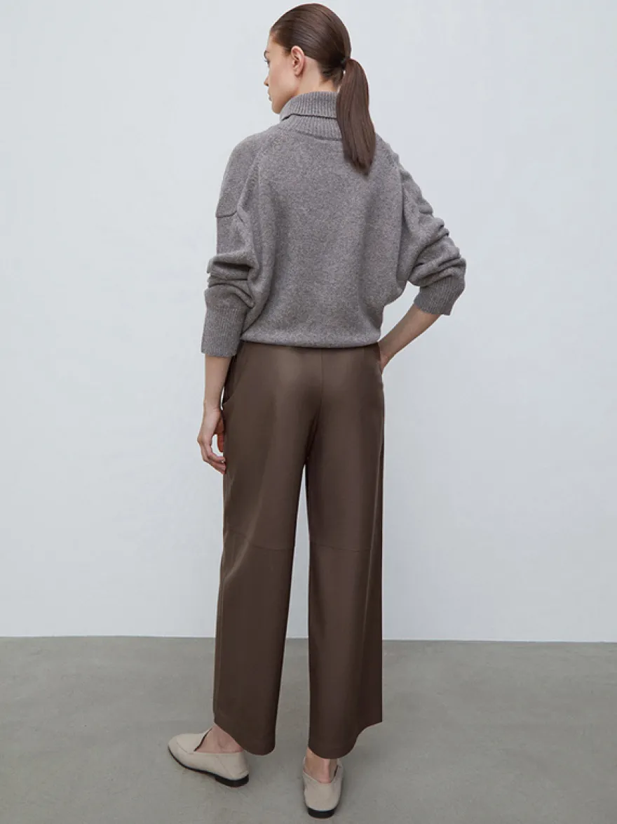 Pantalon taille haute en similicuir marron à jambes larges et droites style décontracté
