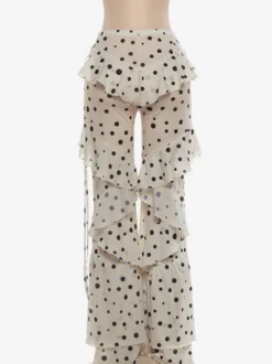 Pantalon évasé à pois et volants superposés taille haute transparent jambes larges