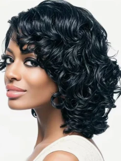 Perruque bob courte bouclée en laine raie sur le côté style rétro boucles souples résistante à la chaleur en cheveux synthétiques