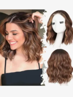 Perruque bob ondulée mi-longue dégradée bouclée et résistante à la chaleur avec raie au milieu. Cheveux synthétiques résistants à la chaleur.