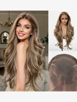 Perruque longue pour femme châtain foncé style synthétique chic