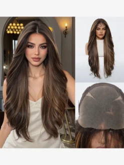 Perruque longue pour femme châtain foncé style synthétique chic