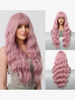 Perruque longue rose chic pour femme perruque synthétique